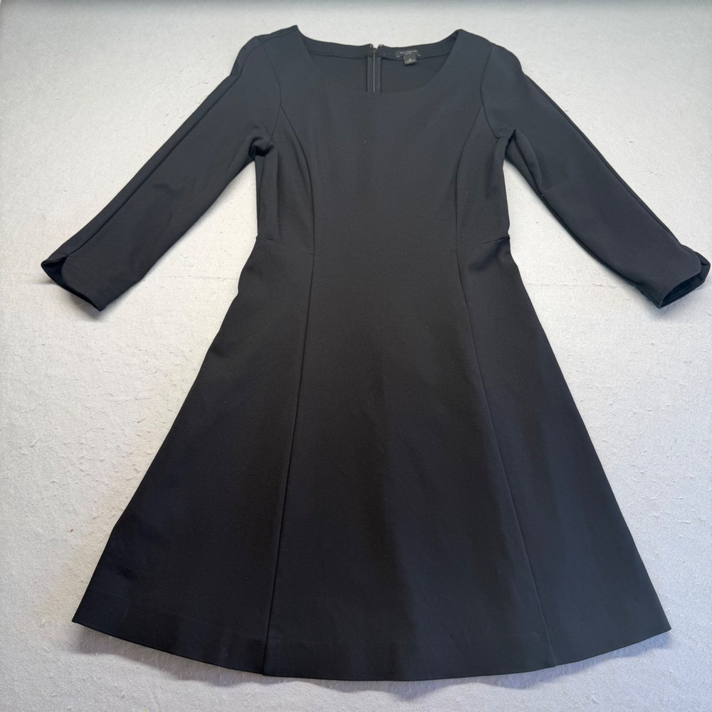 Ann Taylor Dress Womens 0P Black Fit and Flare Long Sleeve Scoop Neck Petite